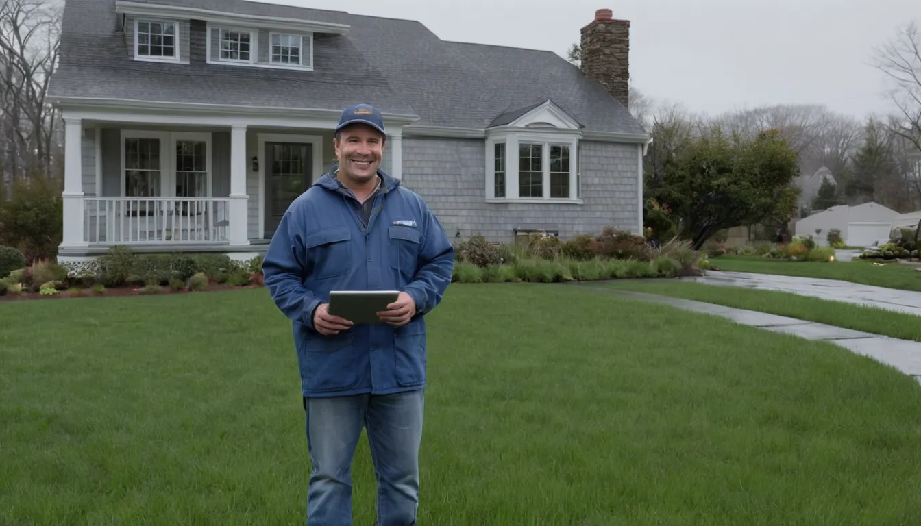 A friendly local provider showing a homeowner a camera inspection screen near a yard cleanout in the New York area
